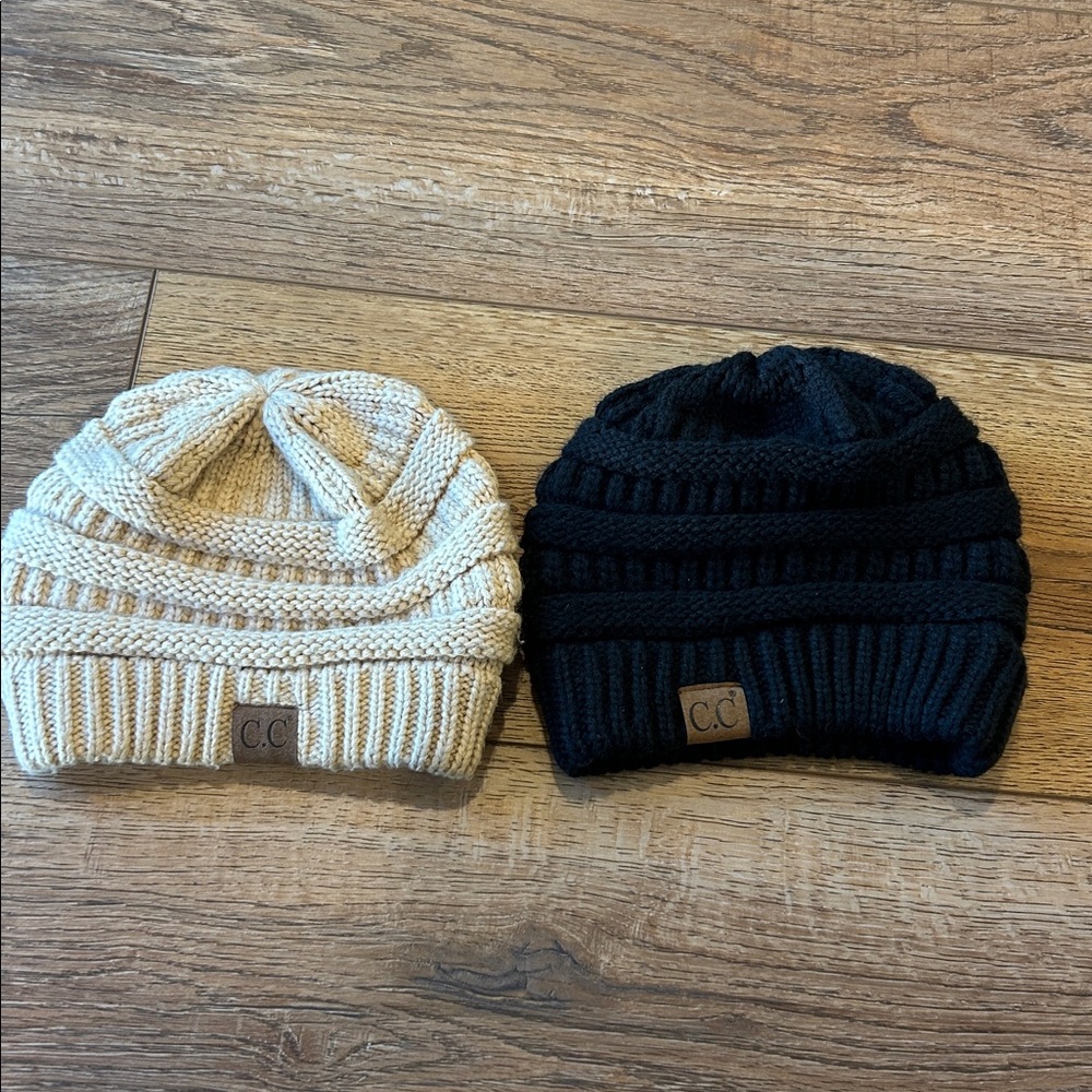 NWOT Lot of‎ 2 C.C Knit Beanies / Hat Black/ Tan One Size